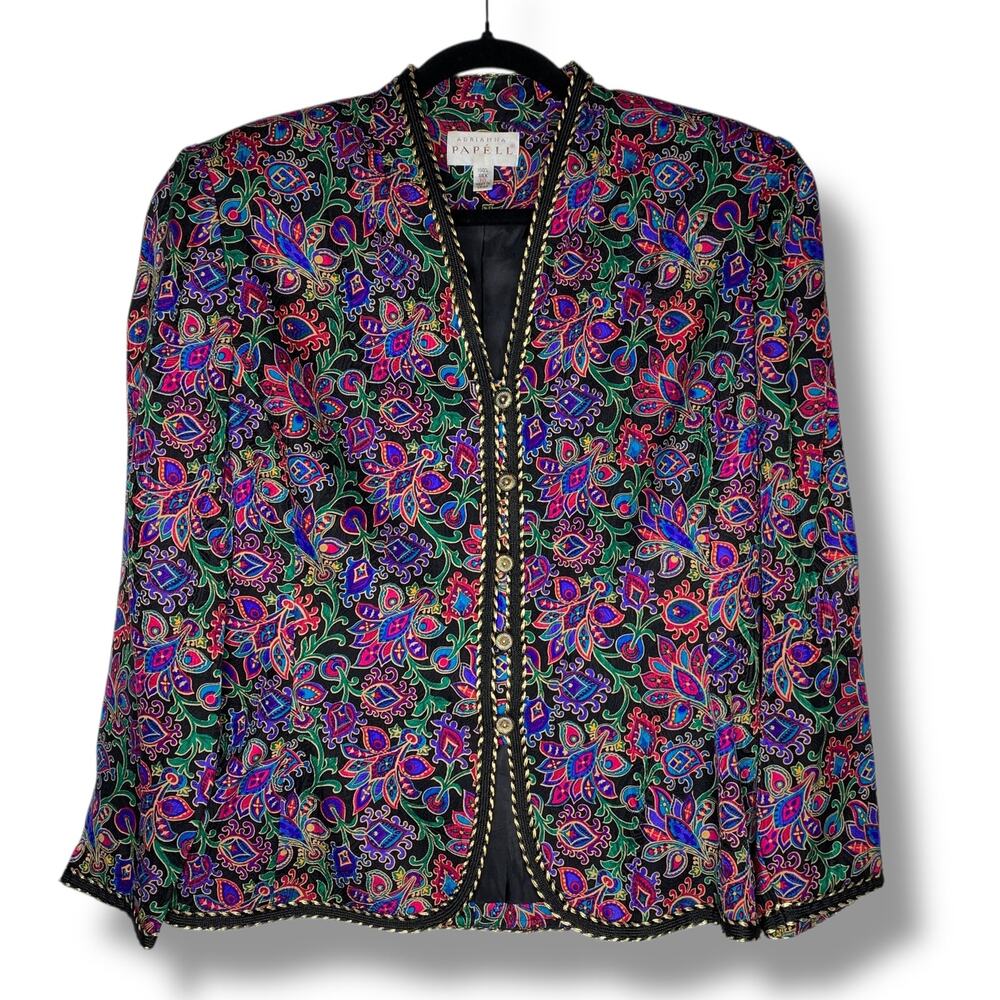 Vintage Papell Floral Tapestry Jacket Boho 90s Y2K Statement Blazer 100% Silk